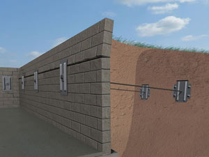 A graphic illustration of a foundation wall system installed in Piqua
